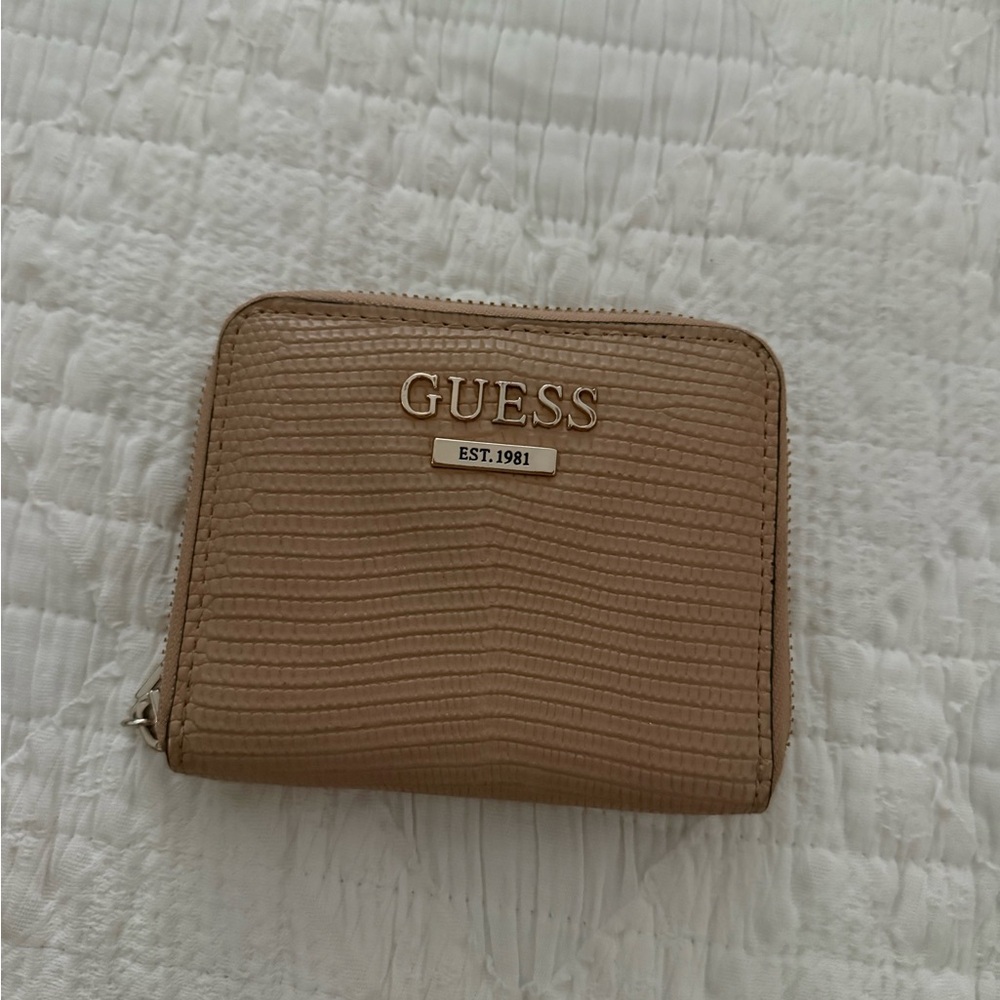 GUESS Beige Textured Zip-Around Wallet with Gold Logo